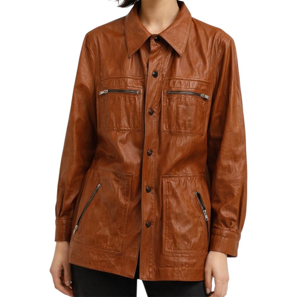 VTG Areitio Genuine Leather Button Up Jacket '70s Collared Zip Pockets Brown XL